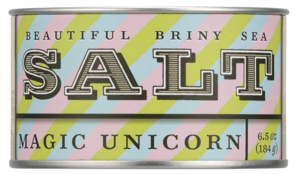 Best household items on Amazon. Image of Beautiful Briny Seat Salt, Magic Unicorn Flavor. In container that has pink, green, and blue stripes.