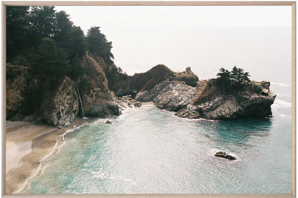 digital art prints. Image of Big Sur, California. Image is an affordable art print of a cove, ocean waters, and rocks, and sandy beach.