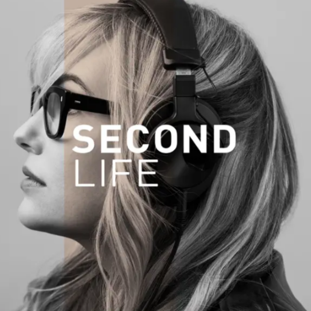 Inspiring podcasts for women. Image of woman with glasses and headphones on looking up and text says "Second Life". 