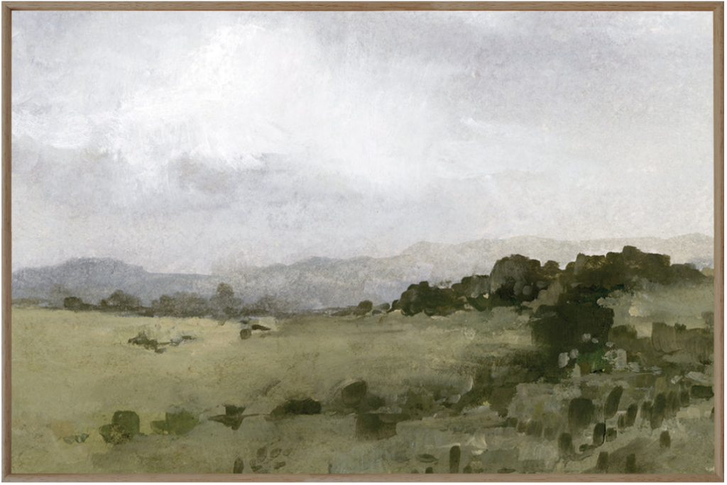 Landscape paintings. Painting of landscape of green hills and trees with silhouette of mountains in the background and grey sky.