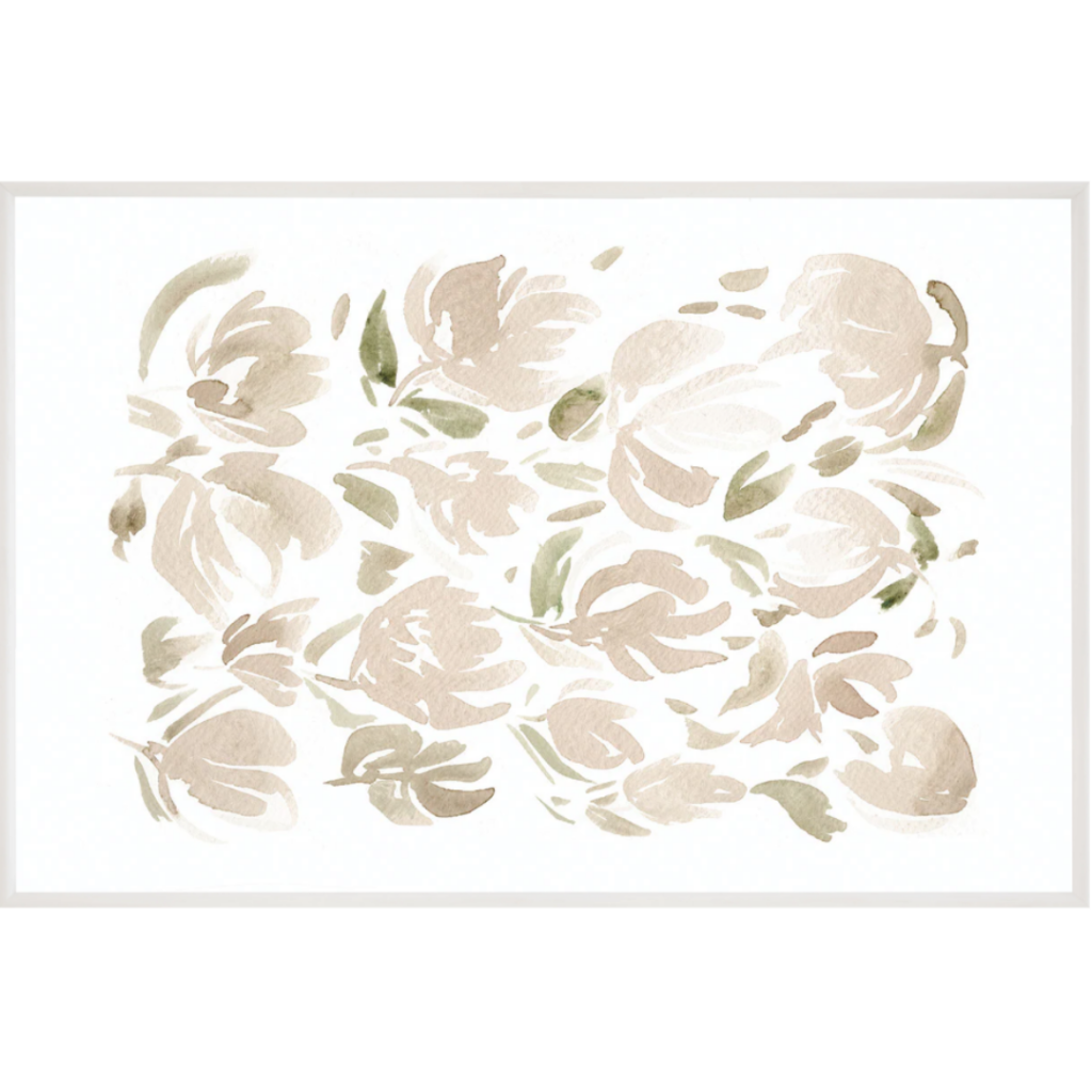 modern affordable art. Image of multiple pink posies with green leaves on white background.