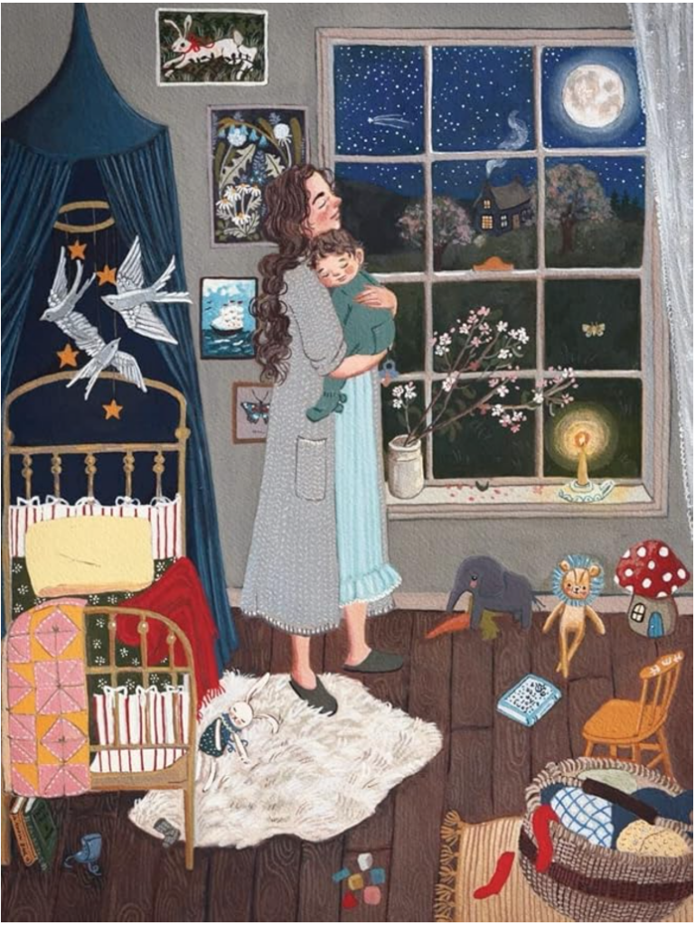 Motherhood. Image of "Same Moon". Mother is holding toddler in toddler's room and looking out a window at the moon. Room is filled with bed, stuffed animals, a rug, and canopy over the bed.