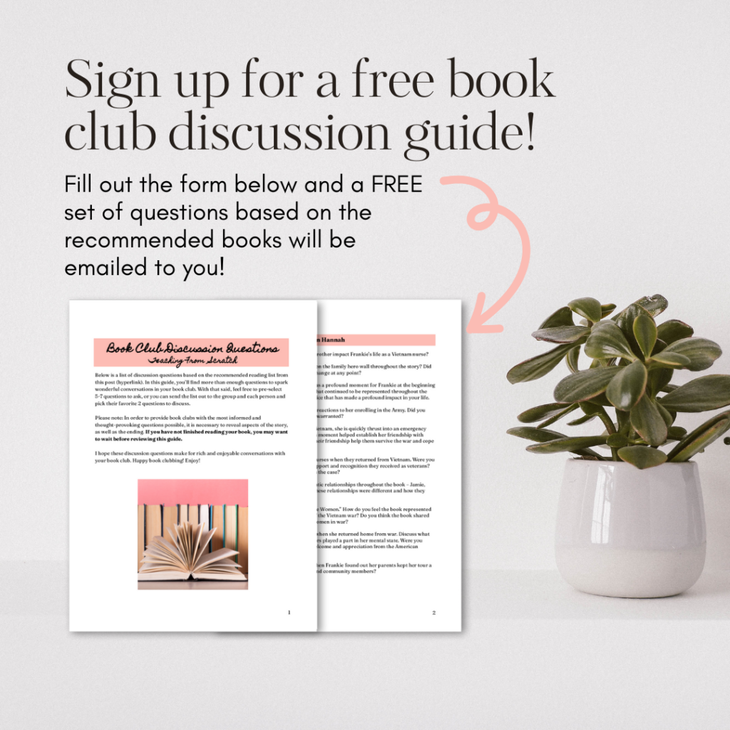 Image with text that says "Sign up for a free book club discussion guide! Fill out the form below and a free set of questions based on the recommended books will be emailed to you!" Image has grey back ground, snapshots of first two pages of question guide and a small plant in a grey pot. 