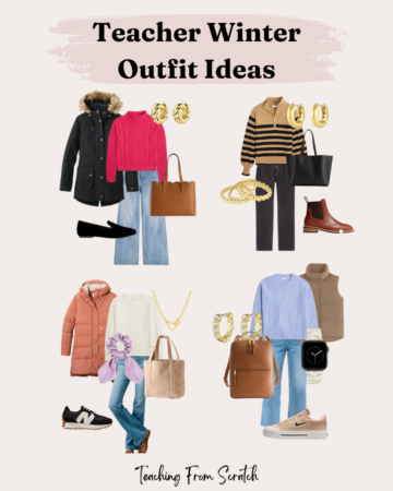 Image includes four outfit combinations. From left to right, Outfit #1: black parka, pink cable-knit sweater, gold hoop earrings, scalloped leather tote, and black velvet flats. Outfit #2 tan and black striped sweater with quarter zip, gold hoops, stack of gold rings, black jeans, black leather bag, and brown leather boots. Outfit #3 white cable-knit sweater, flair jeans, pink parka, sherpa bag, gold heart necklace and black and white new balance shoes. Outfit #4 lavender ribbed seater, tan vest, wide leg jeans, shimmer hops earrings, apple watch with pearl colored band, leather backpack, and pink nike sneakers.