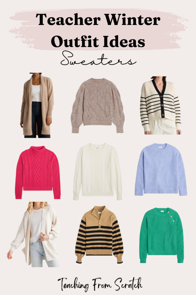 Images of 9 sweaters with links below for purchase. Row 1, left to right: tan cardigan, brown pointelle, striped v-neck button up, pink mockneck cable-knit, heart cable-knit in white, purple ribbed, white ribbed cardigan, brown and black striped quarter zip, green sweater with gold buttons. 