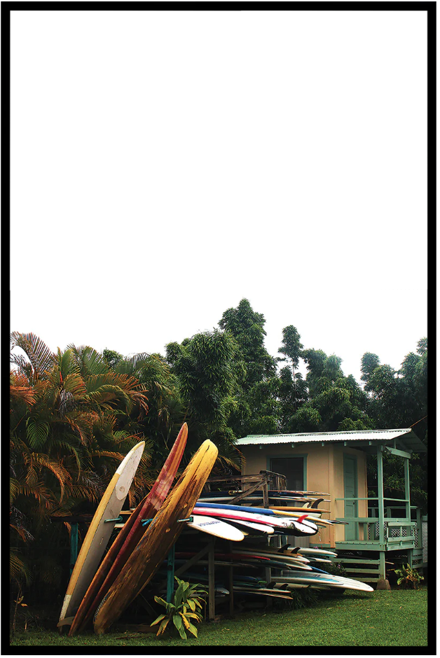 trendy art prints. Image of stack of colorful surf board next to surf shack with trees in the background.