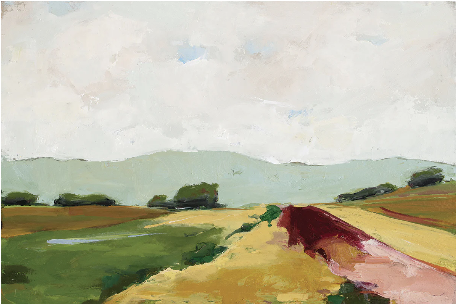 art inspiration. Image of abstract art of landscape of field with browns, greens, yellows, and reds with green trees on the horizon, and blue silhouette of mountains in the background with white cloudy sky