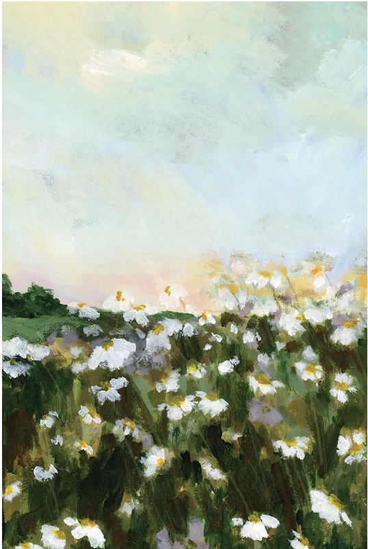 artwork for nursery girl. Painting of a field of white daisies with blue sky.