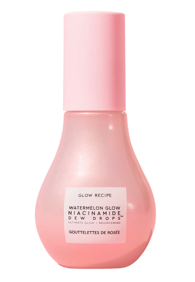 best affordable skincare. Image of pink bottle of glow recipe watermelon glow niacinamide dew drops in pink bottle.