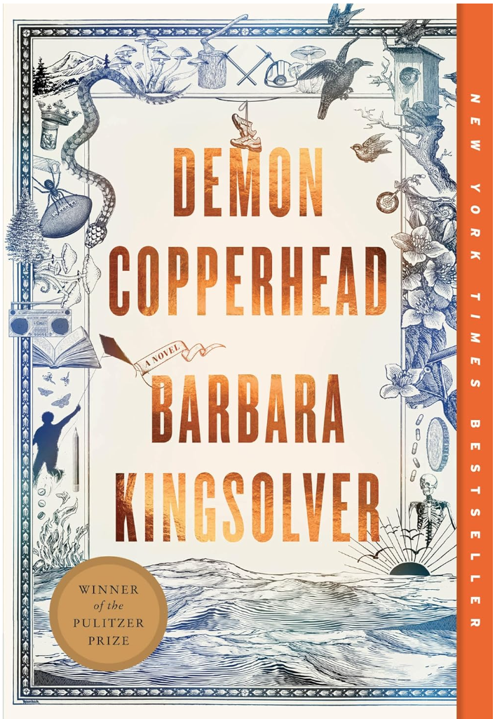 Image of book cover of "Demon Copperhead" by Barbara Kingsolver. Image has a variety of small blue illustrations including a snake, boat, crow, bird house, and the ocean. 