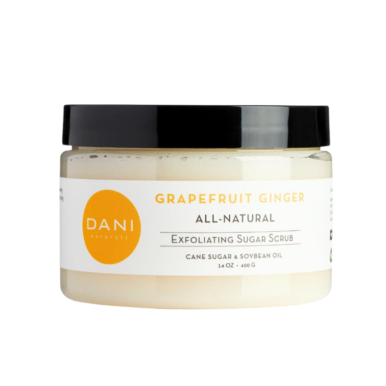 best clean skincare brands. Image of Dani naturals grapefruit ginger all-natural exfoliating sugar scrub in clear container with white and yellow label and black lid.