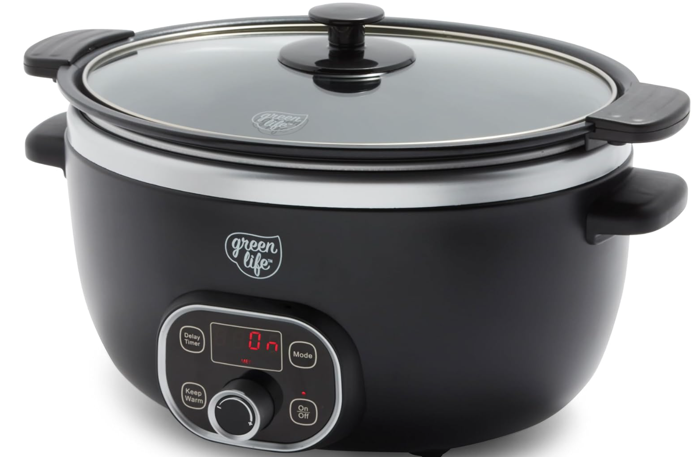 best household appliances. Image of black crockpot. 