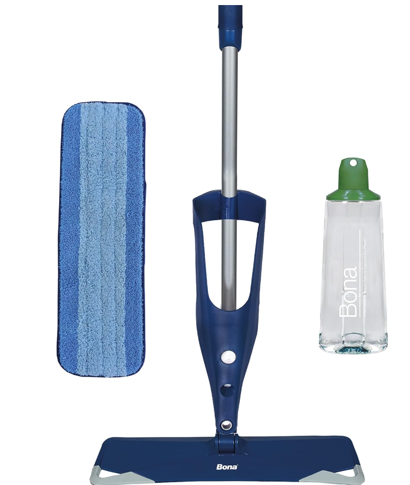 best household cleaners. Image of blue Bona mop, microfiber cloth, and solution container.