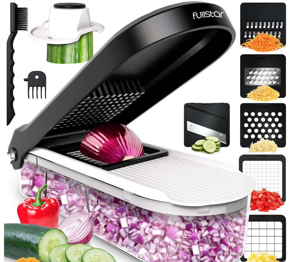 Best household kitchen items. Image of Fullstar veggie chopper with variety of vegetables and cheese. 