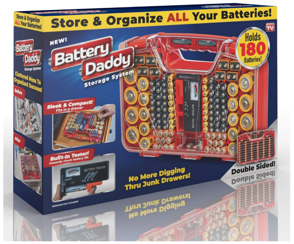 best household storage items. Image of Battery Daddy box that shows the battery daddy organizing container with batteries stored.