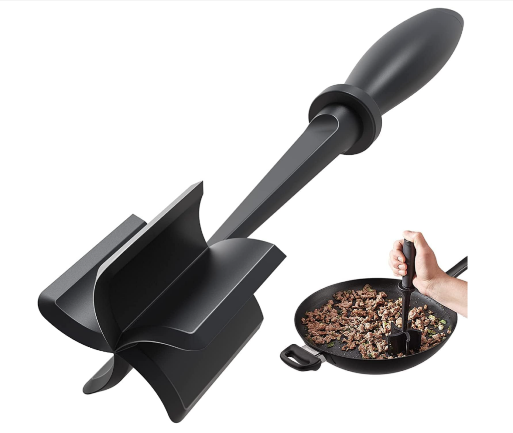 best kitchen gadgets. Image of meat chopper in black (cooing utensil) next to smaller image showing someone breaking apart ground beef in a skillet. 