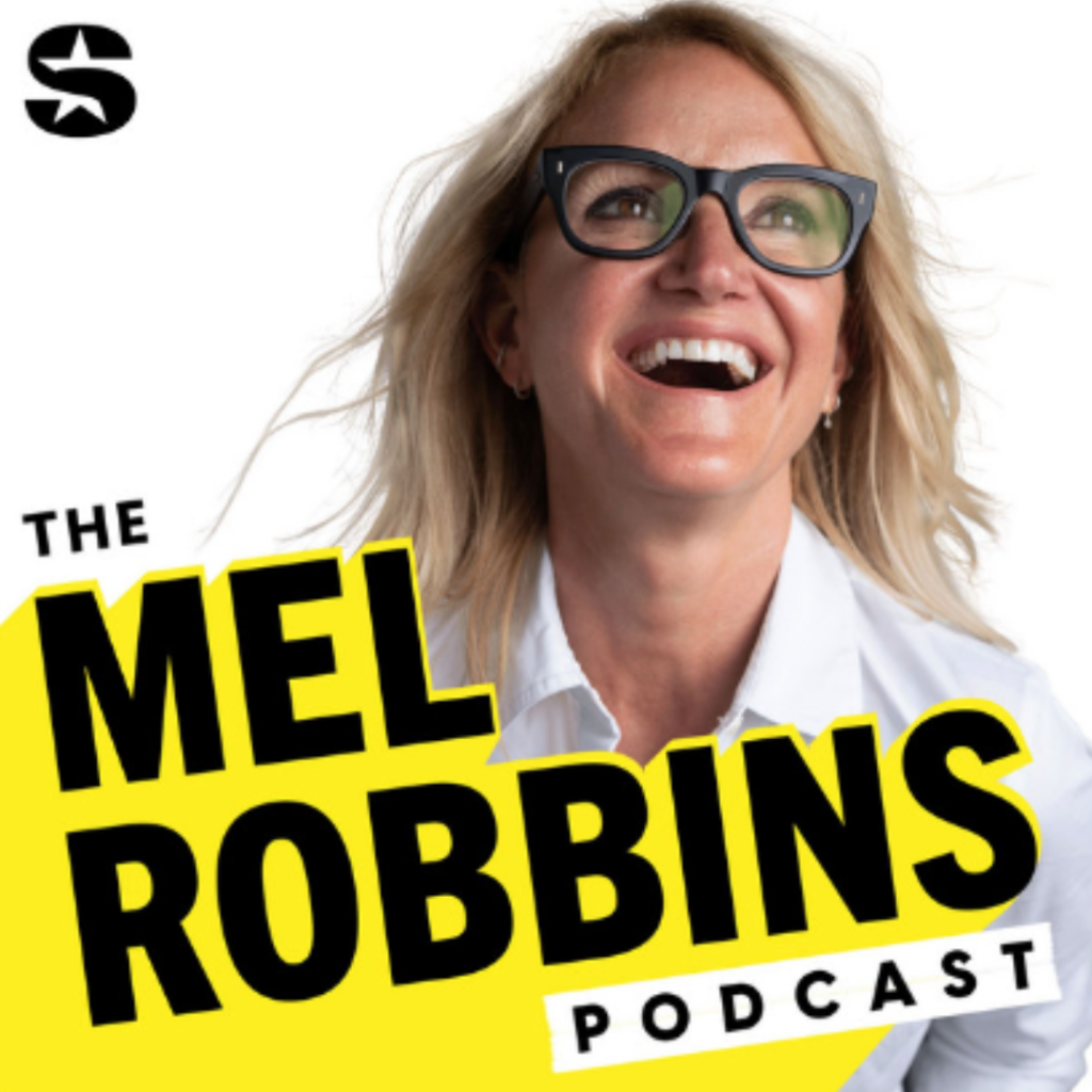 best podcasts. Image of woman smiling in white shirt and black framed classes with text that says "The Mel Robbins Podcast" in black letters that's highlighted in yellow.