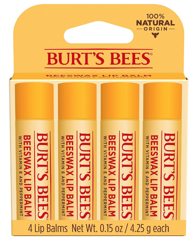 Image of 4 pack of Burt's Bees chapstick in yellow package. 