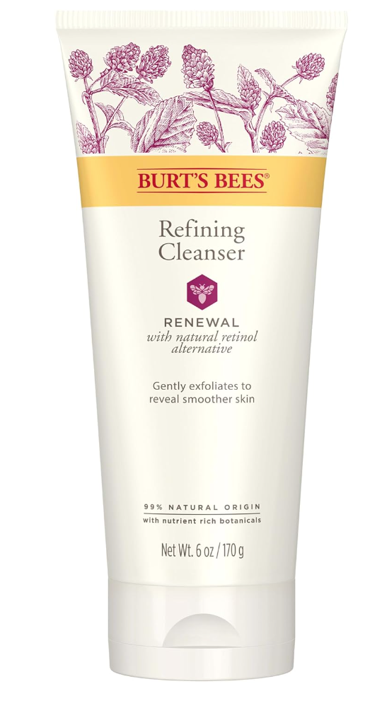 best skin care routine. Image of Burt's Bees refining cleanser in white bottle with purple hand drawn herbs. 