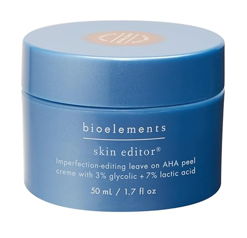 best skincare. Image of bioelements skin editor leave on AHA peel in blue container.