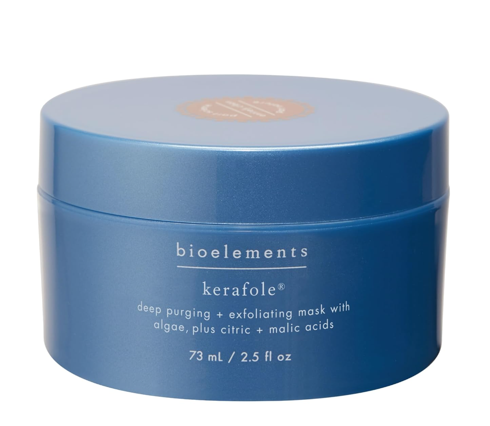 best skincare products for radiant skin. Image of blue container of bioelements kerafole face mark. 