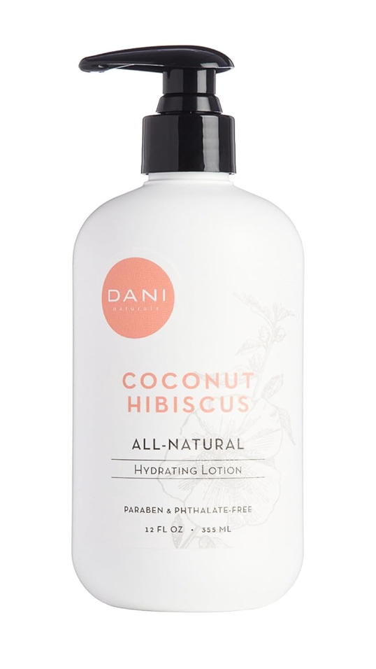 best skincare routine. Image of bottle of dani naturals coconut hibiscus all-natural hydrating lotion with peach label. 