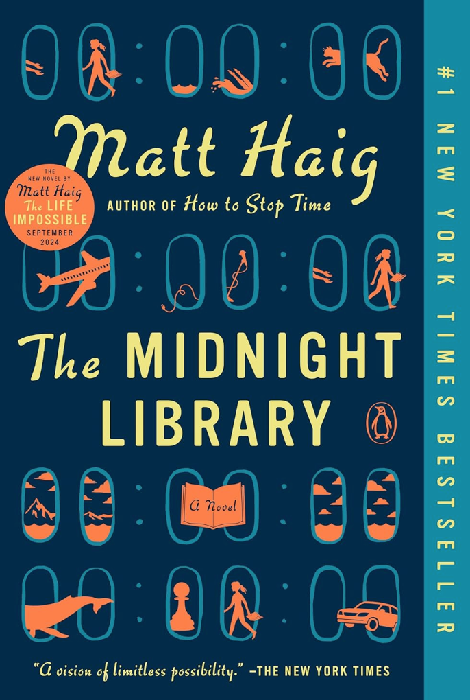 Image is cover of book "The Midnight Library" by Matt Haig. Cover is dark blue with multiple windows