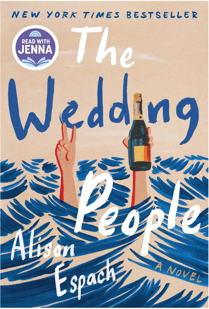 Image of front cover of book "The Wedding People" as a recommendation for a book club book. Cover is tan upper half with blue ocean lower half. 