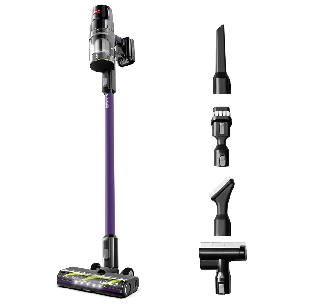 household cleaning tips. Image of purple bissell cordless vacuum. 