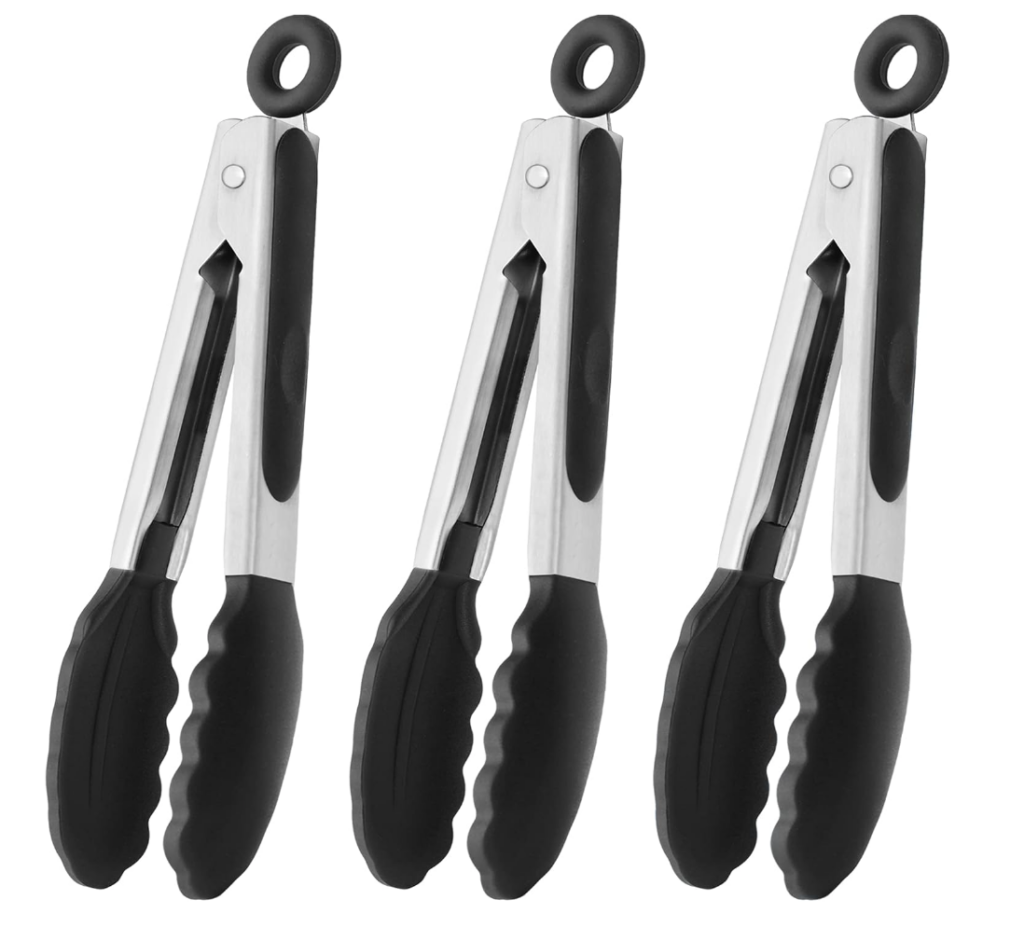 household essentials. Image of 3 tongs with black silicone handle and tips. 