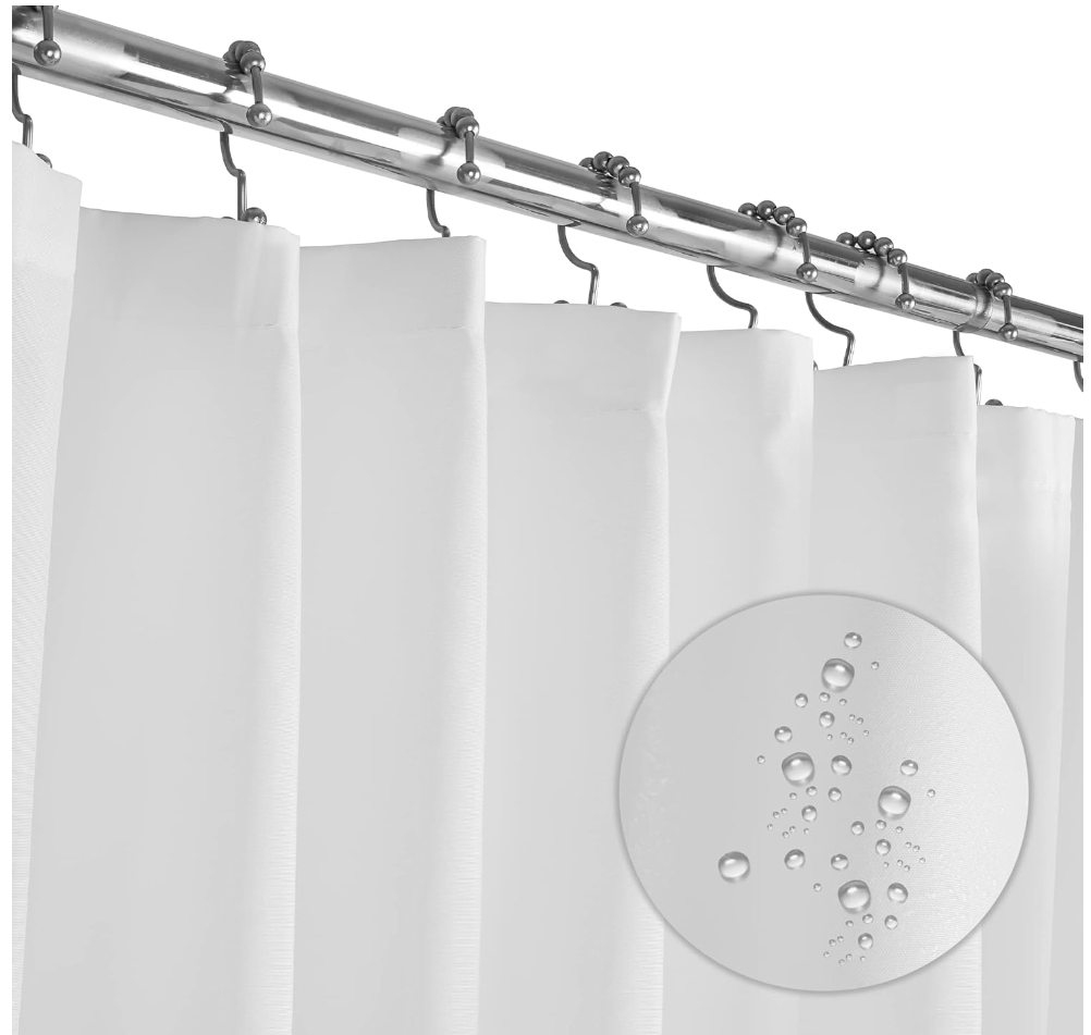 household essentials for new home. Image of white shower curtain liner hanging on curtain rod. 