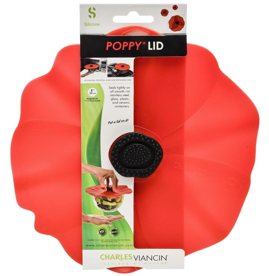 household essentials list home. Image of silicone lid cover that is designed like a red poppy. 