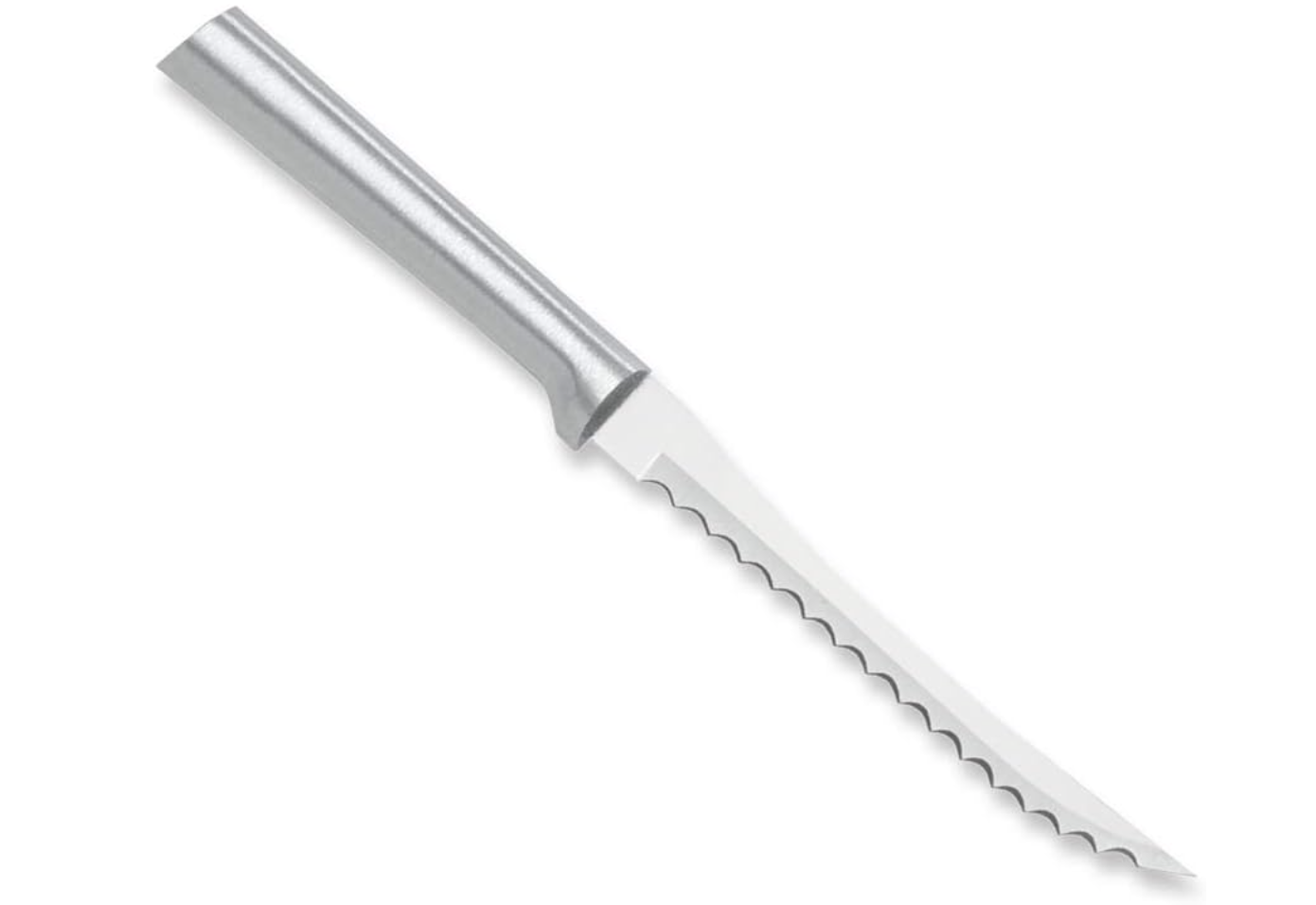 household items. Image of serrated knife with stainless steel blade and aluminum handle. 