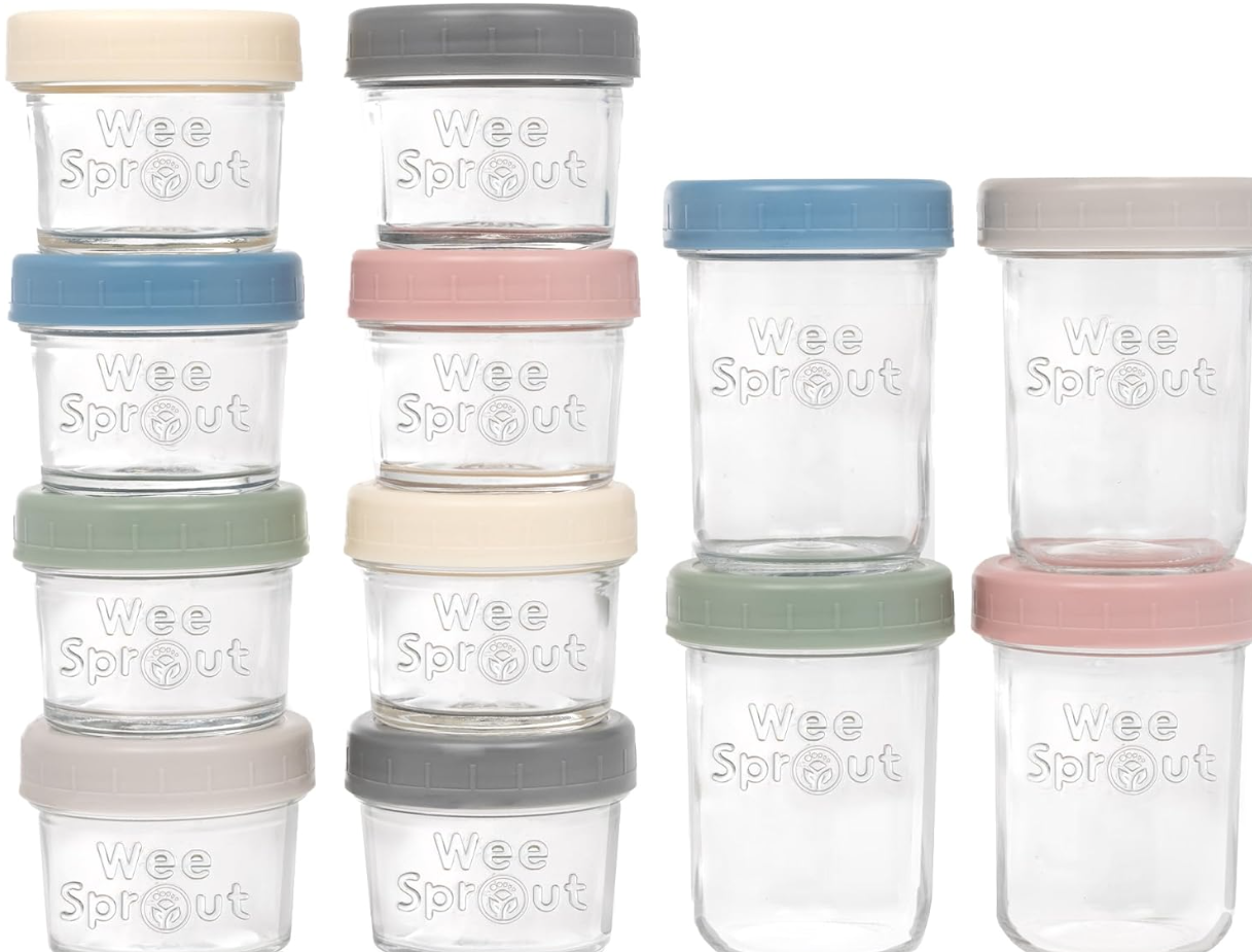 household items organization. Image of 12 glass baby food storage jars of varying sizes with pastel color lids. 