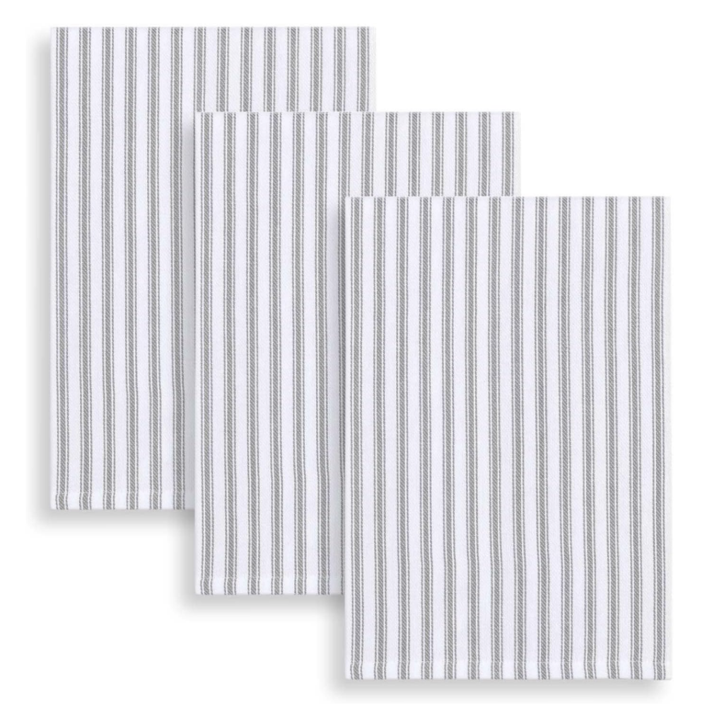 household kitchen items. Image of 3 dish towels that have grey and white stripes.