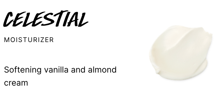 skincare products. Image of moisturizer cream and text that says "Celestial Moisturizer softening vanilla and almond cream".