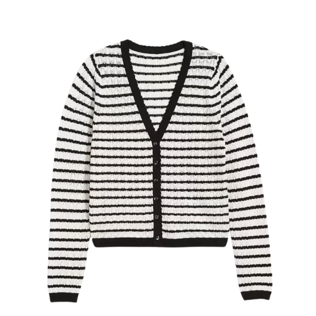 2025 teacher outfits. Image of black and white striped pointelle button up V-neck cardigan.