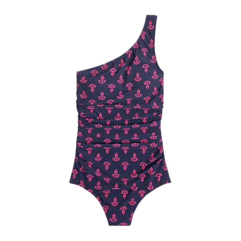 Best one piece swimsuits for women. Image of printed ruched one-shoulder one piece navy and pink swimsuit.