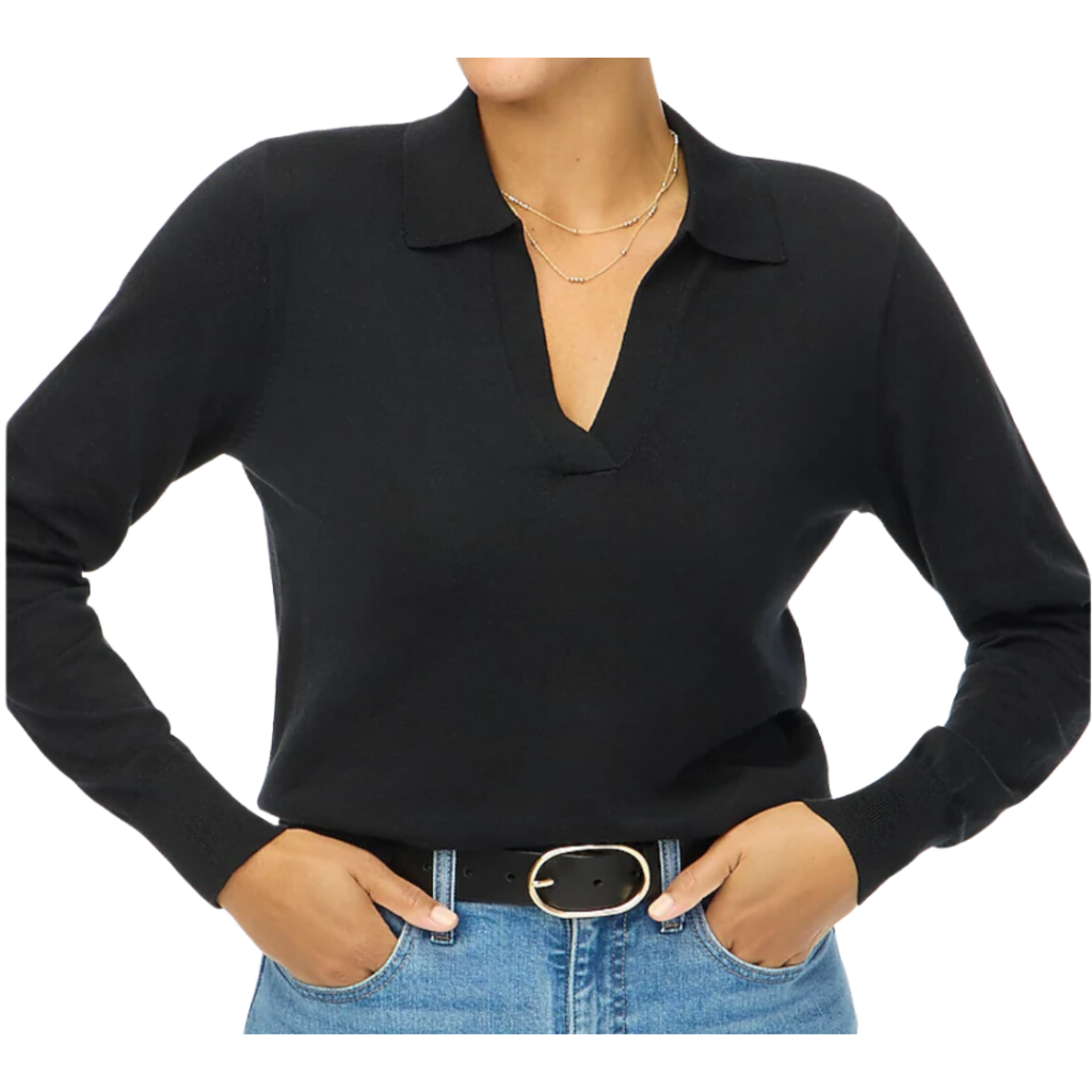 Highschool teacher outfits. Image of woman in collared black polo with black belt and jeans.