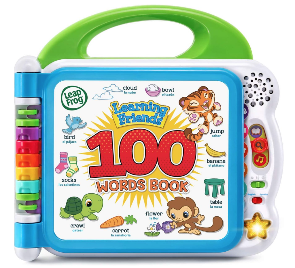 best toddler toy. Image of Leap frog 100 words book. This has a green handle and on the cover there are various objects and words. 