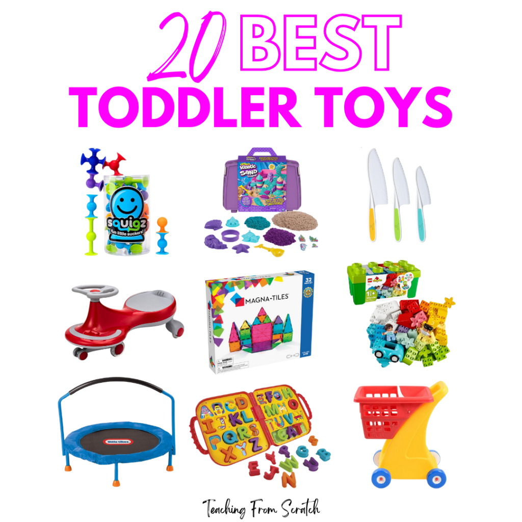 best toddler toys. Image that says "20 best toddler toys" and has images of 9 toddler toys: squigz, kinetic sand, child-safe knives, wiggle bike, magna-tiles, duplo, trampoline, alphabet puzzles, shopping cart. 