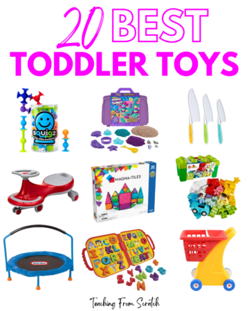 best toddler toys. Image that says "20 best toddler toys" and has images of 9 toddler toys: squigz, kinetic sand, child-safe knives, wiggle bike, magna-tiles, duplo, trampoline, alphabet puzzles, shopping cart.