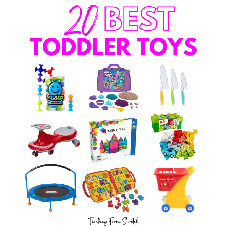 best toddler toys. Image that says "20 best toddler toys" and has images of 9 toddler toys: squigz, kinetic sand, child-safe knives, wiggle bike, magna-tiles, duplo, trampoline, alphabet puzzles, shopping cart.