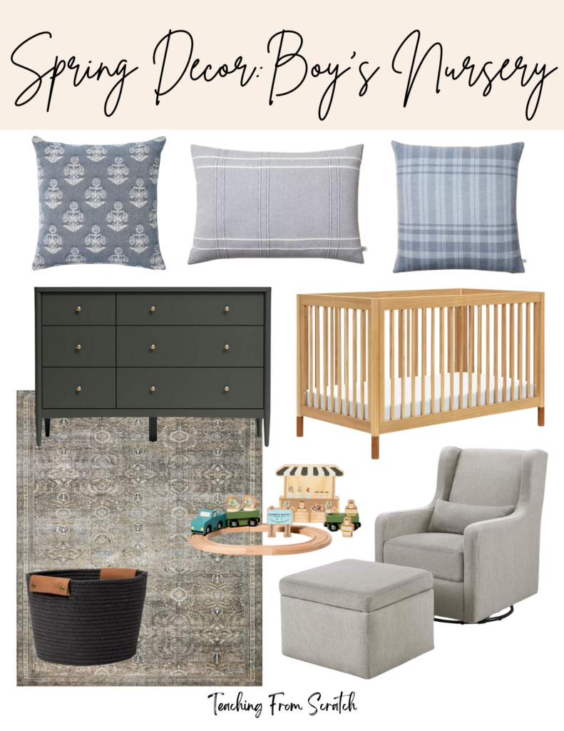 boy's nursery ideas. Image of multiple boy nursery items including: blue pattern throw pillow, blue lumbar pillow with white lines, blue plaid throw pillow, green dresser, warm oak wooden crib, green vintage rub, wooden farm stand play set, grey glider with ottoman, charcoal grey storage bin with leather handles.