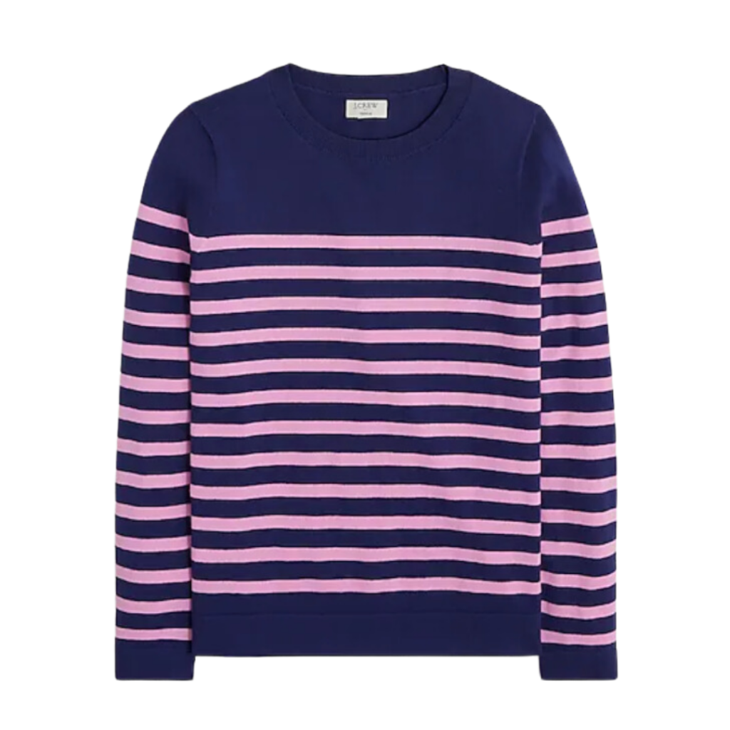 chic teacher outfits. Image of woman's sweater in navy and pink striped. 