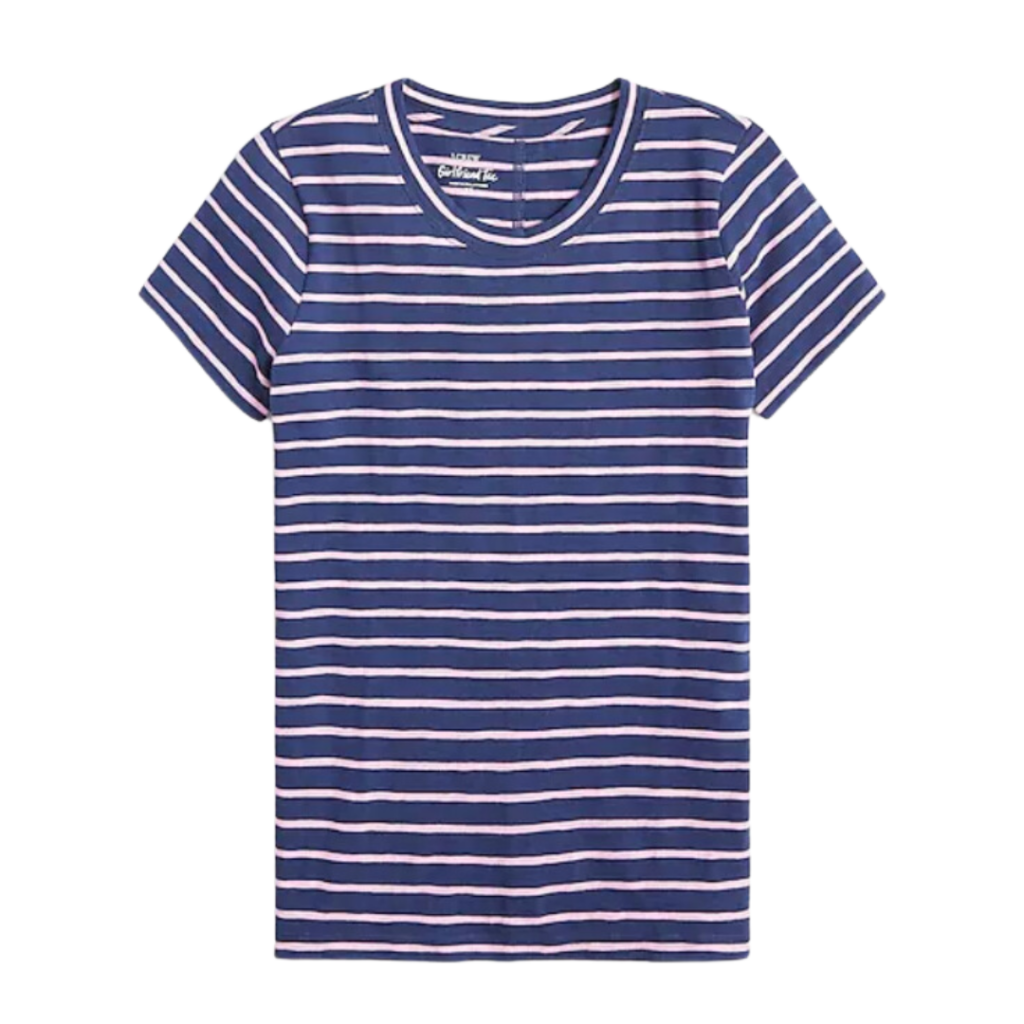 classy teacher outfits. Image of navy blue and pink striped short sleeve shirt. 