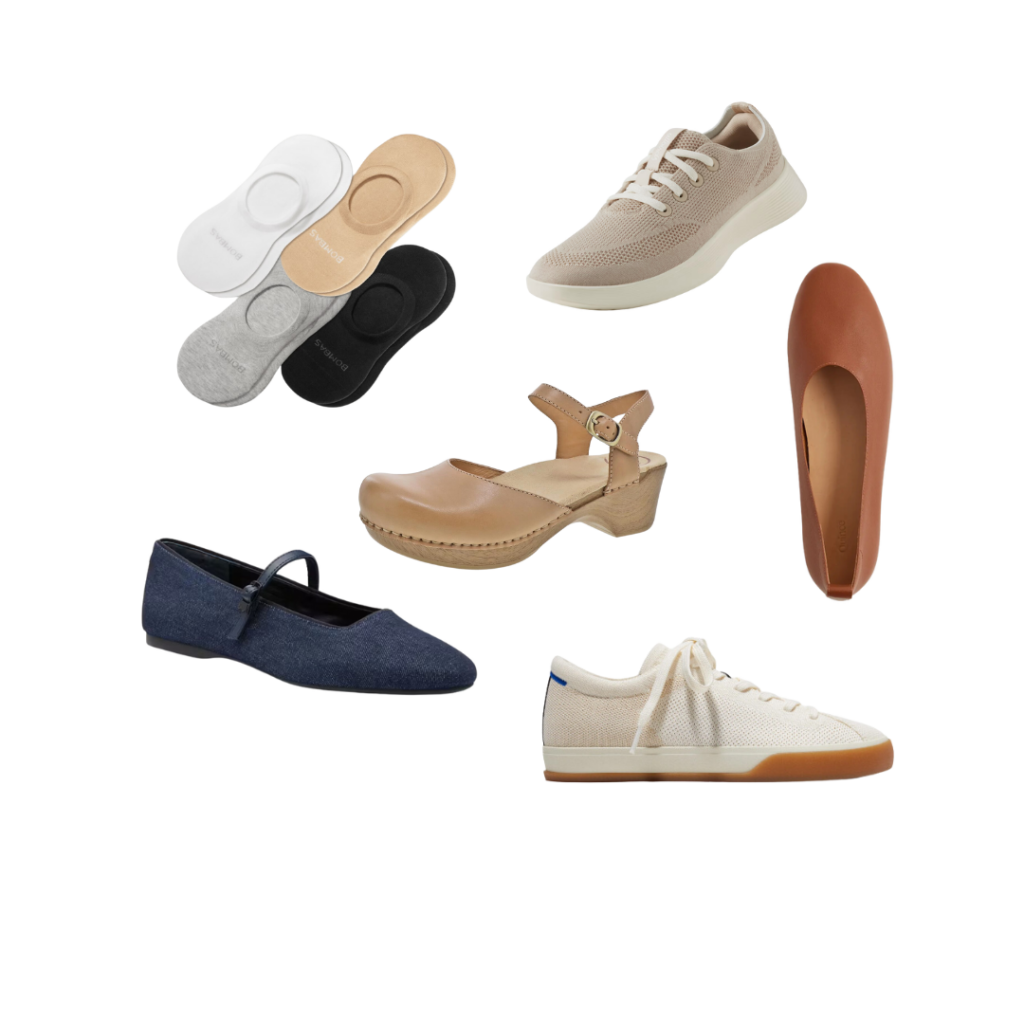 comfortable teacher shoes. Image of no-show socks, tan sneaker, cognac leather ballet flat, almond color sandal, denim Mary Jane flat, and white sneaker.