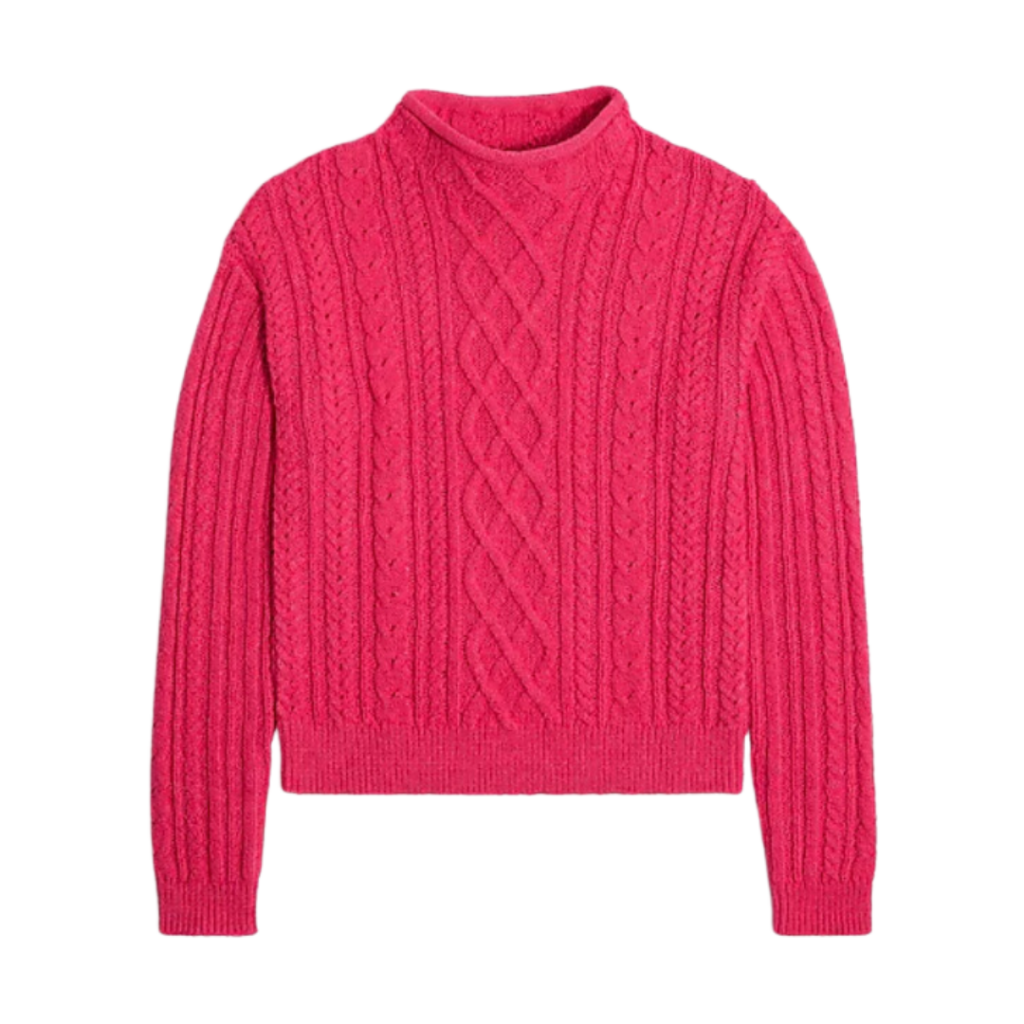 cool teacher outfits. Mockneck cable  knit sweater in bright pink. 