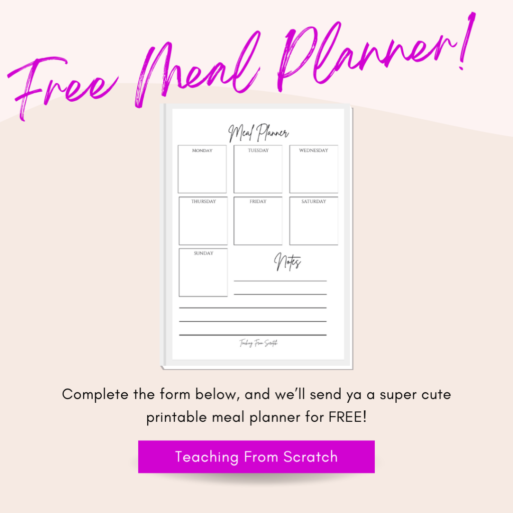 crockpot shredded chicken. Image that says "Free meal planner!" with image of a printable meal planner. Background is pink. Text at bottom of image says "Complete the from below, and we'll send ya a super cute printable meal planner for FREE!"