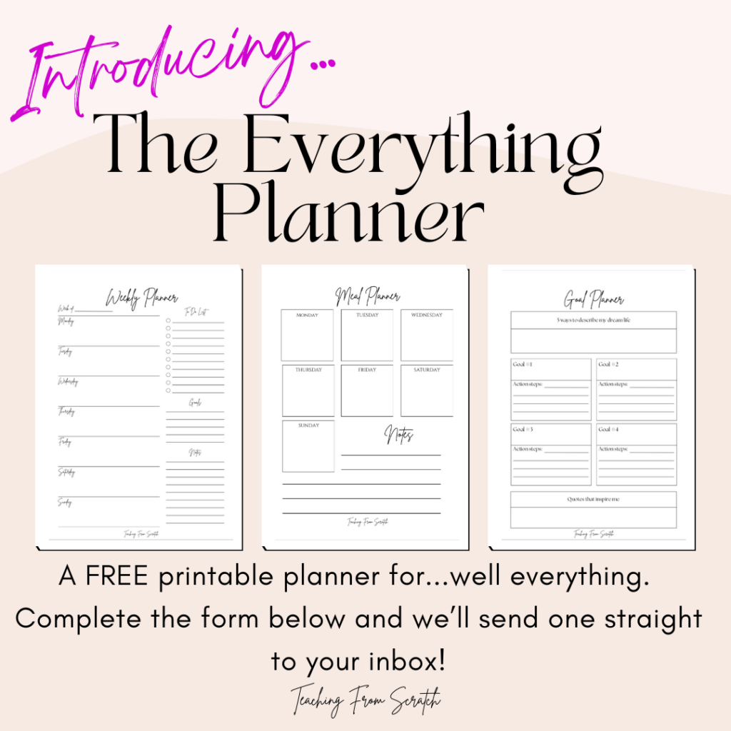 free printable planner. Image that says "Introducing...The Everything Planner" with preview images of pages from the planner. Background to images is light pink. 